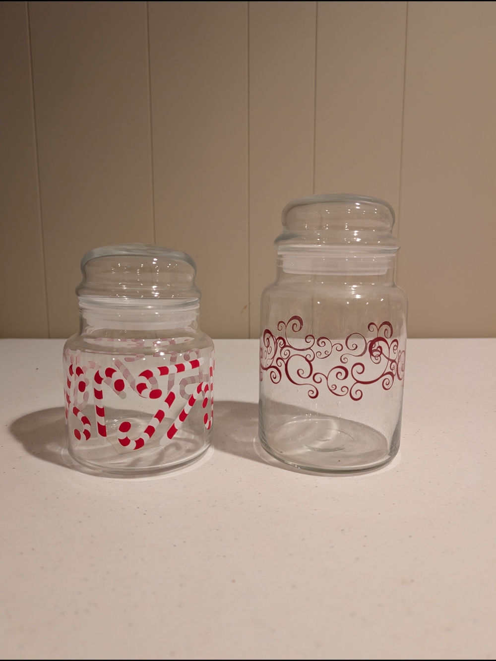 Set of Two Decorative Glass Candy Jars in Clear and Red